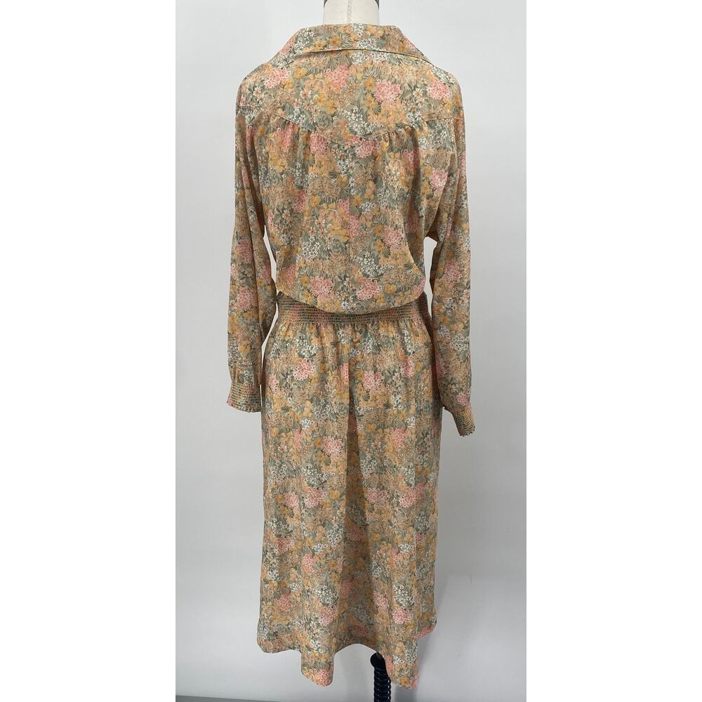 Vintage 70s Floral Print Shirtdress Long Sleeve Tie Waist Blouson Midi Dress M - Picture 7 of 11